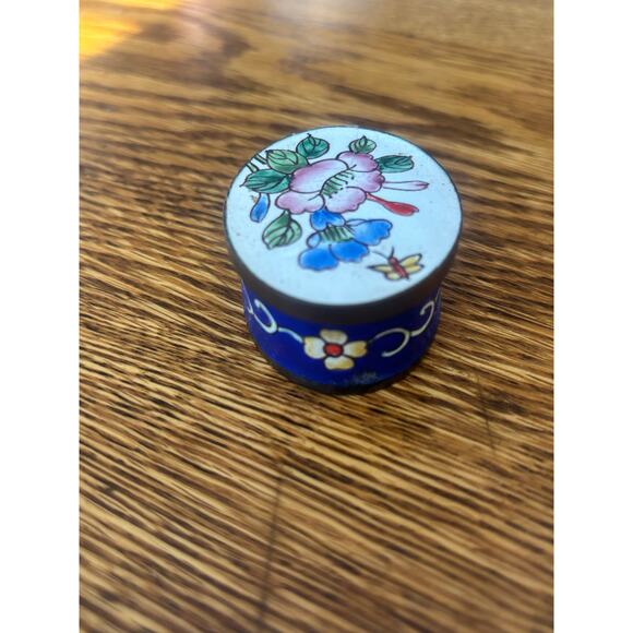 Vintage Cloisonne Brass and Floral Enamel Pill/Trinket Box Blue Enamel Interior - Picture 2 of 6